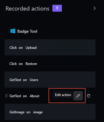 Edit action on the Recorded actions panel.