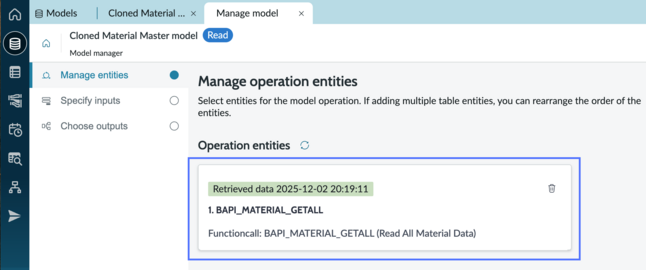 Manage model tab with manage entities page displayed.