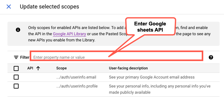 Search Google Sheets in the scopes.