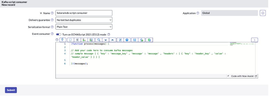 Stream Connect example screenshot showing a Kafka script consumer record.