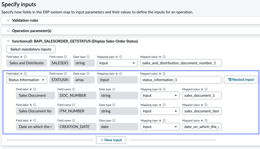 Table expanded to show inputs with a nested input highlighted.