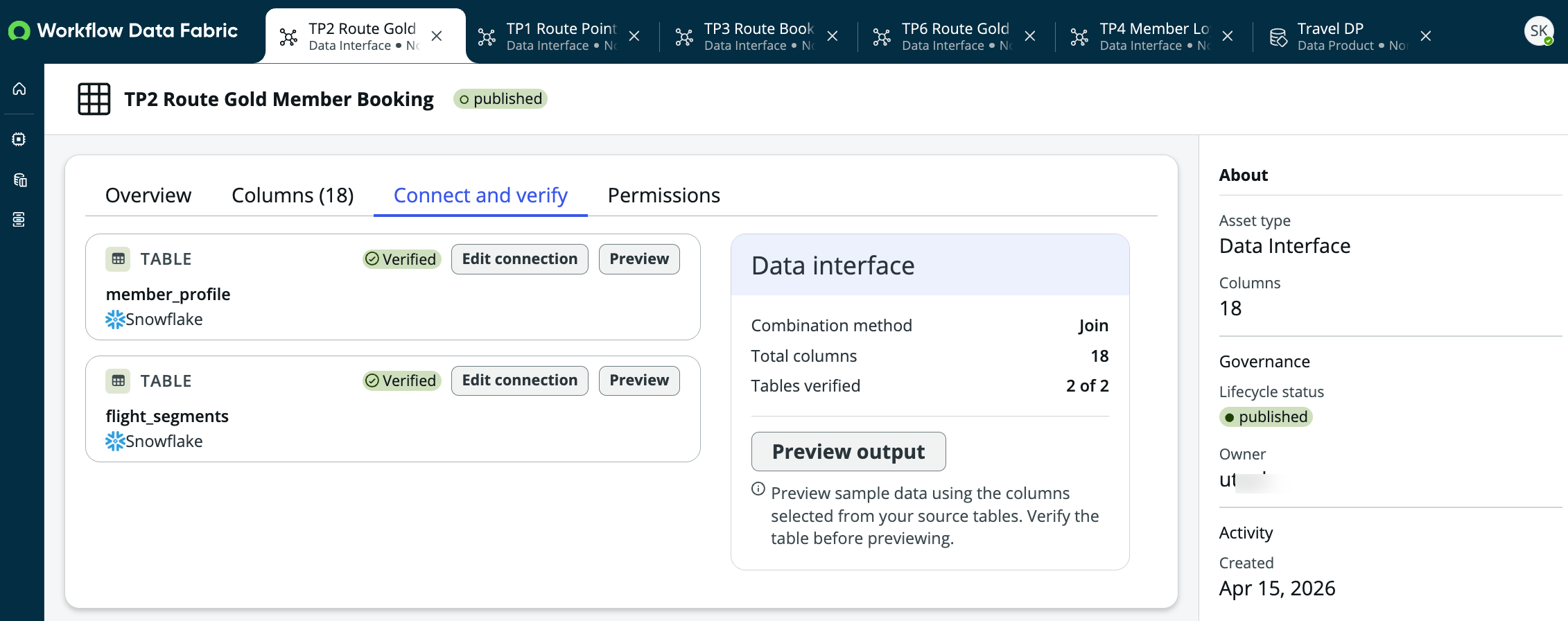 Datenschnittstellenkonfiguration, die den Join zwischen den Tabellen member_Profile und flight_Segments mit insgesamt 18 Spalten anzeigt.