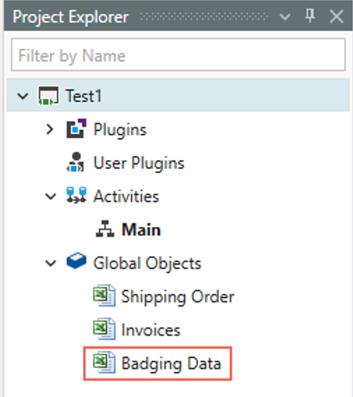 Project Explorer section displays Microsoft Excel connectors in the Global Objects. Badging Data Microsoft Excel connector is selected.