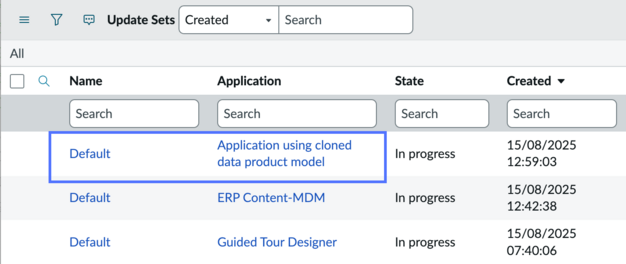 Update set list with default update set for the new application highlighted.
