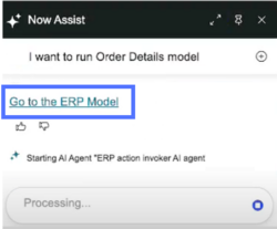Now Assist panel with go to the erp model option highlighted.