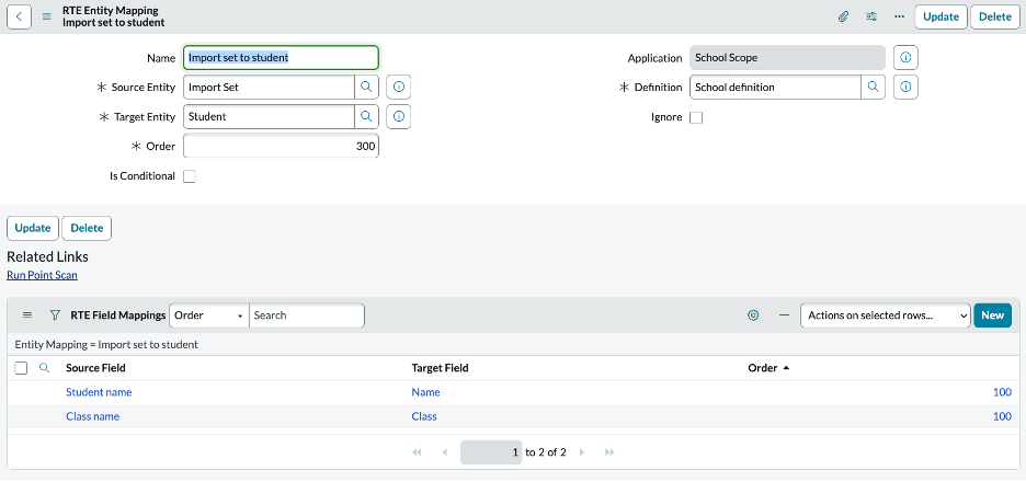 RTE Entity Mapping for Import set to student.