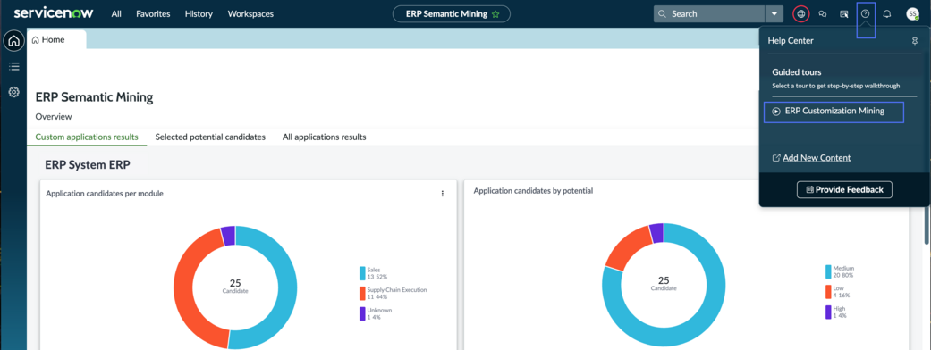 ERP Semantic Mining home page dashboard with show help option and take a tour button highlighted.