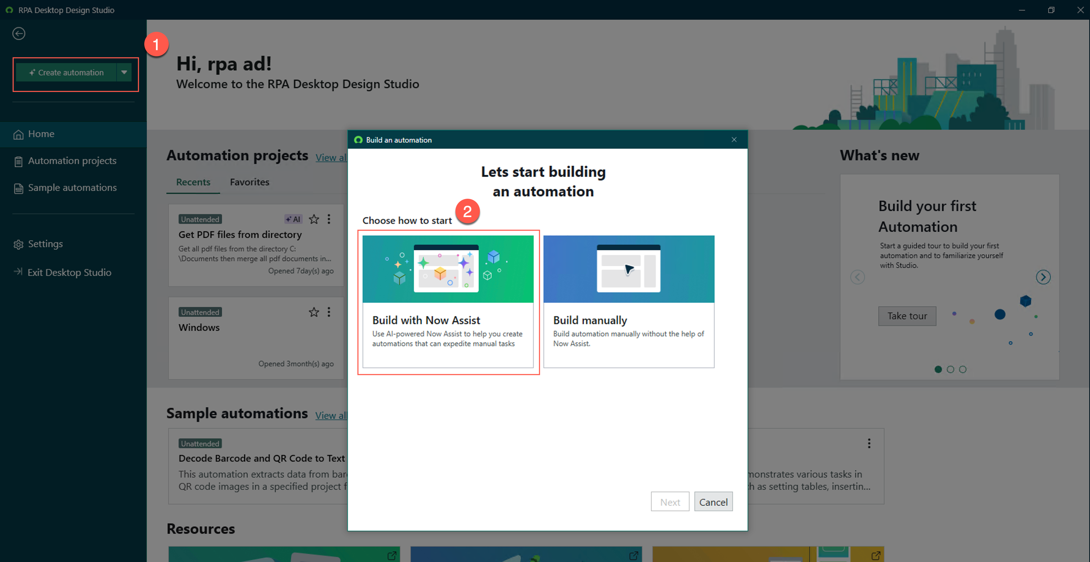 RPA Desktop Design Studio user interface that shows the (1) Create automation option and (2) Build with Now Assist option.