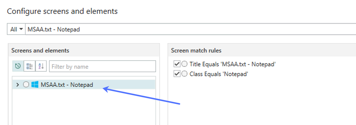 Application screen name appears under Screens and elements.