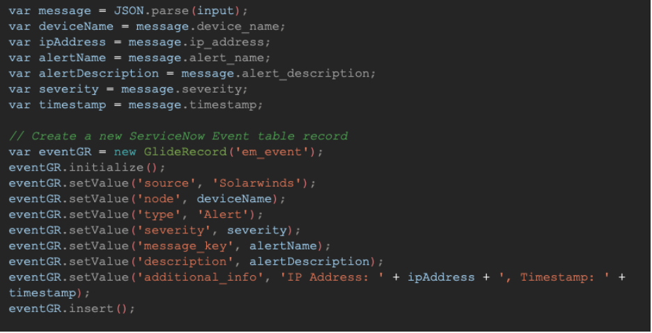 Stream Connect example screenshot showing code creating a ServiceNow Event table record.