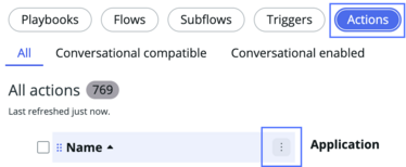 Workflow Studio actions tab with name column filter icon highlighted.