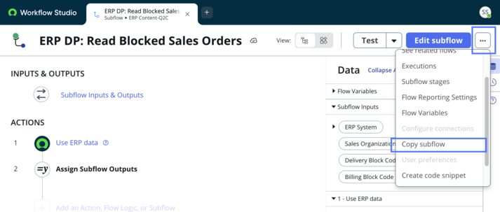 More actions menu icon expanded with copy subflow option highlighted.