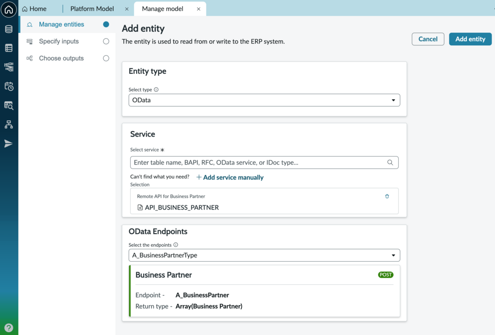 Add entity modal with OData service and endpoint specified.