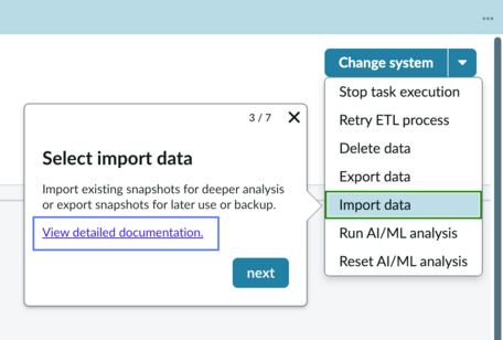 ERP Semantic Mining home page dashboard with guided tour step displayed and view documentation link highlighted.