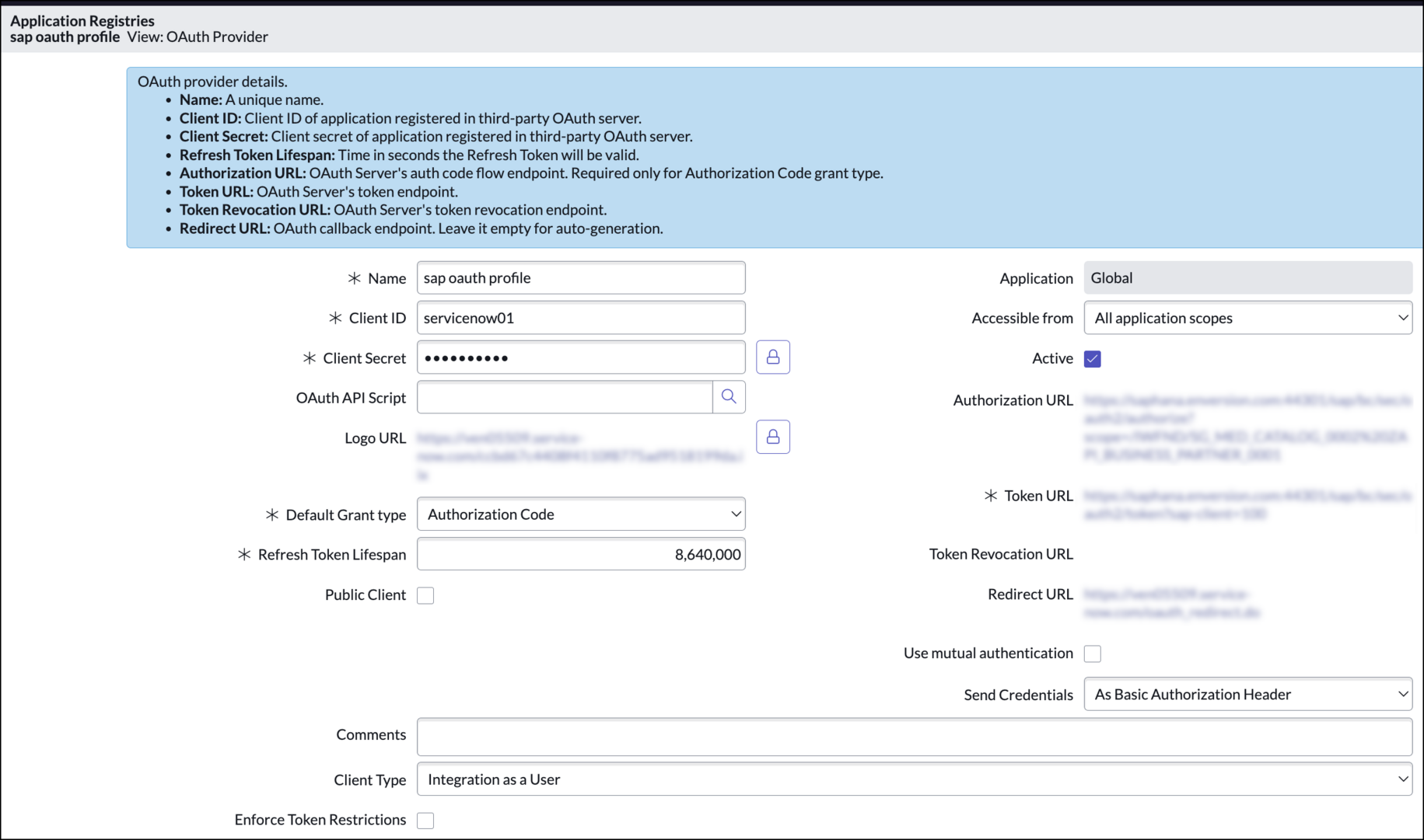 Application registry form with fields containing information.