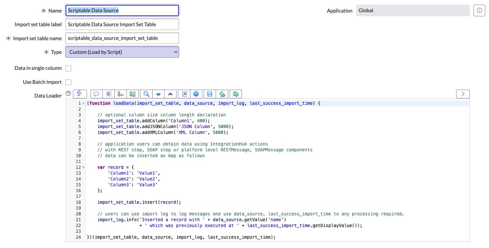 Data Loader example showing a script that inserts data into the import set table.
