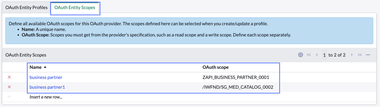 OAuth entity scopes tab on the application registry form.