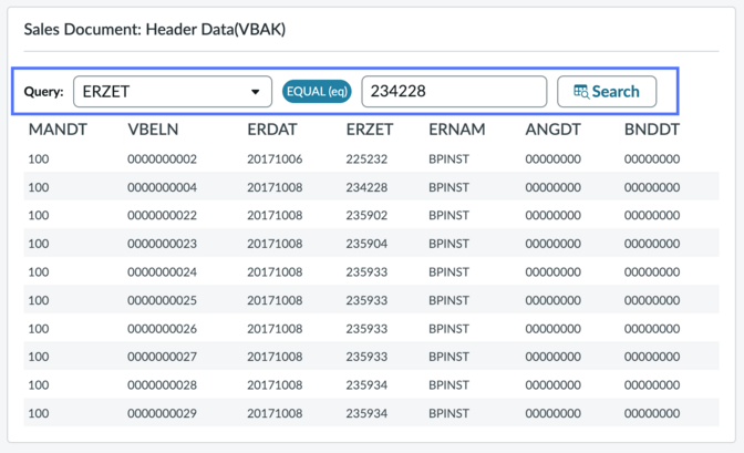 List of records in tables with a query highlighted.