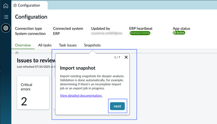 ERP Semantic Mining home page dashboard with first step of guided tour displayed.