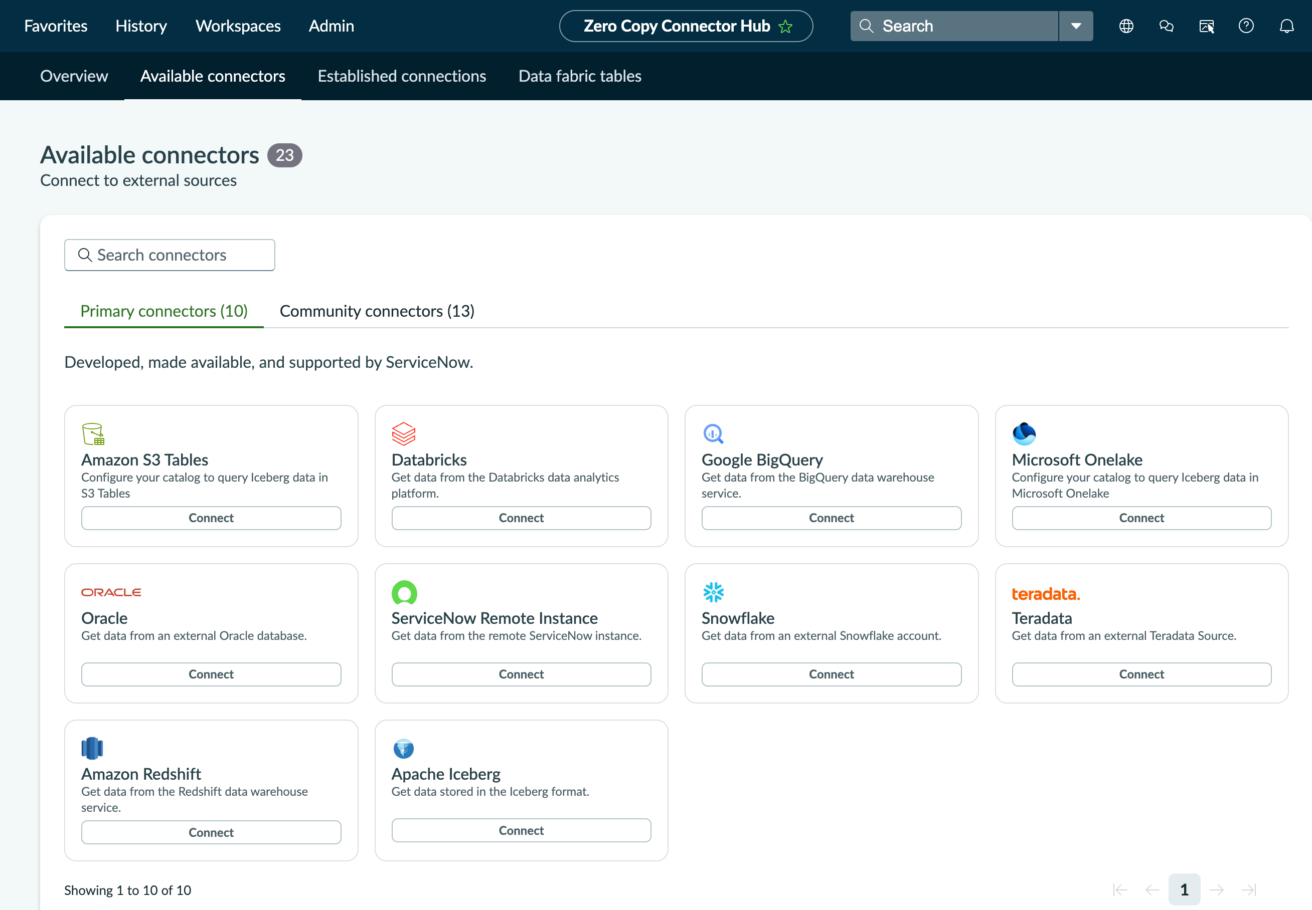 Available connectors in the Zero Copy Connectors app.