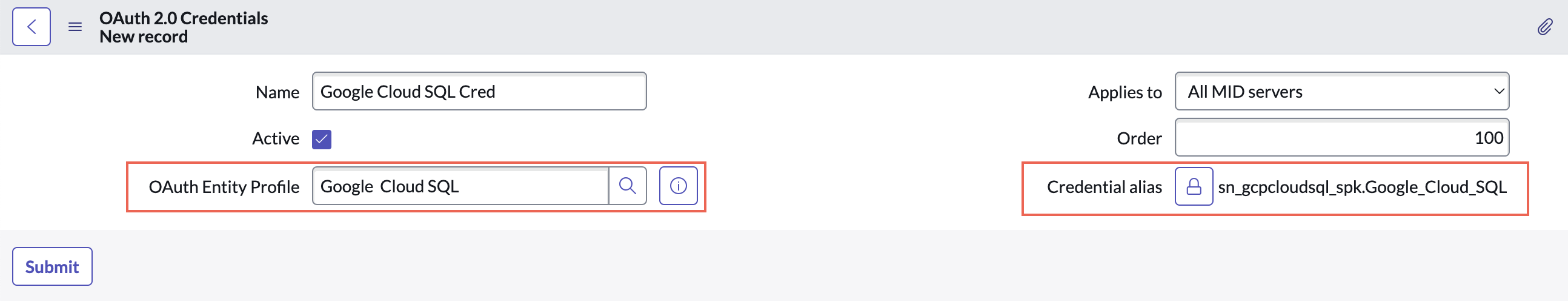 Credential record for Google Cloud SQL spoke.