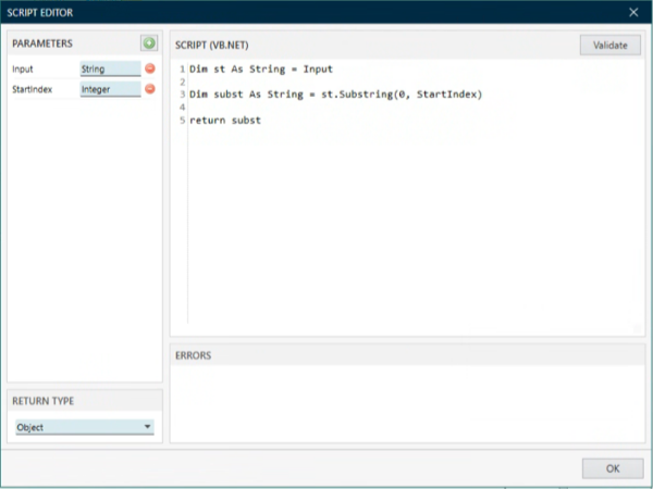 VB script with the string specified and the start character position in the Script component.