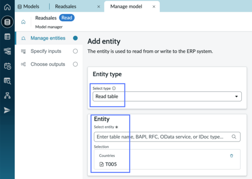 Add entity page with T005 entity selected.
