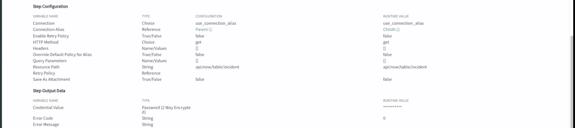 Execution details page that displays the connection alias for the flow's default configuration and the flow's runtime value.