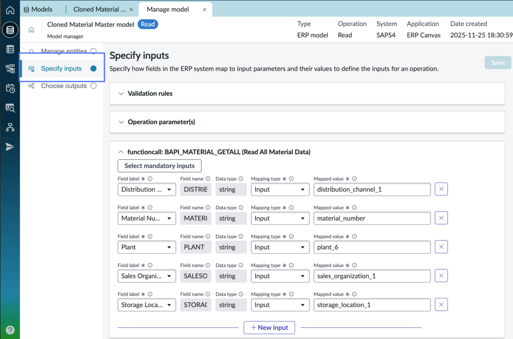 Manage model tab with specify inputs page displayed.