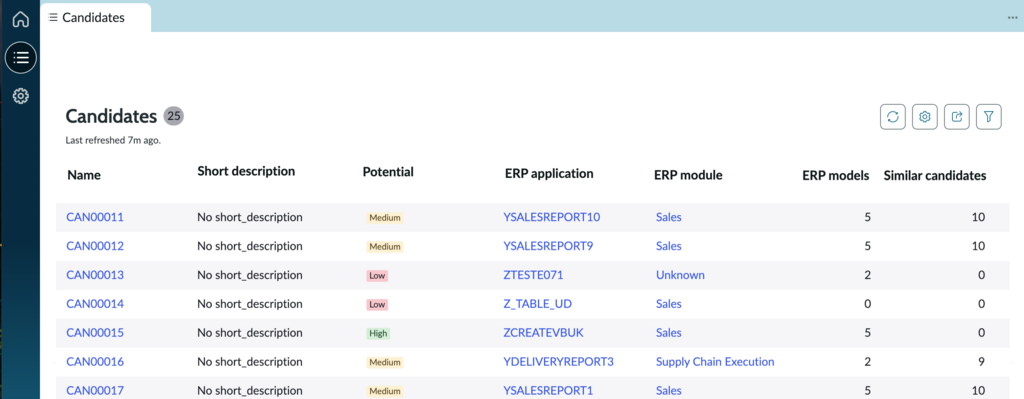 ERP Semantic Mining candidates page with recommendations tab displayed.