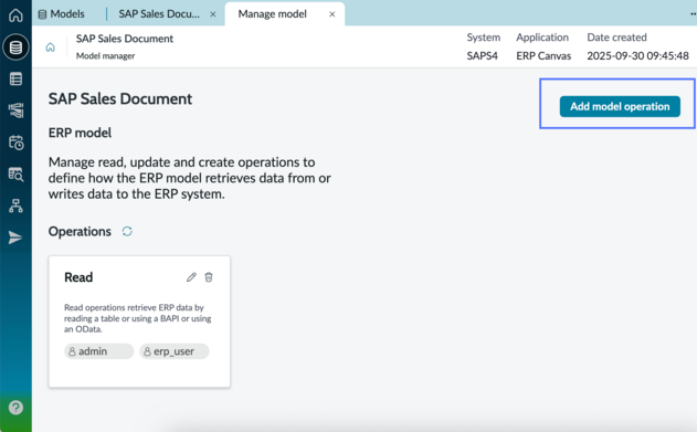 Add model operation button appears on the ERP model manager page.