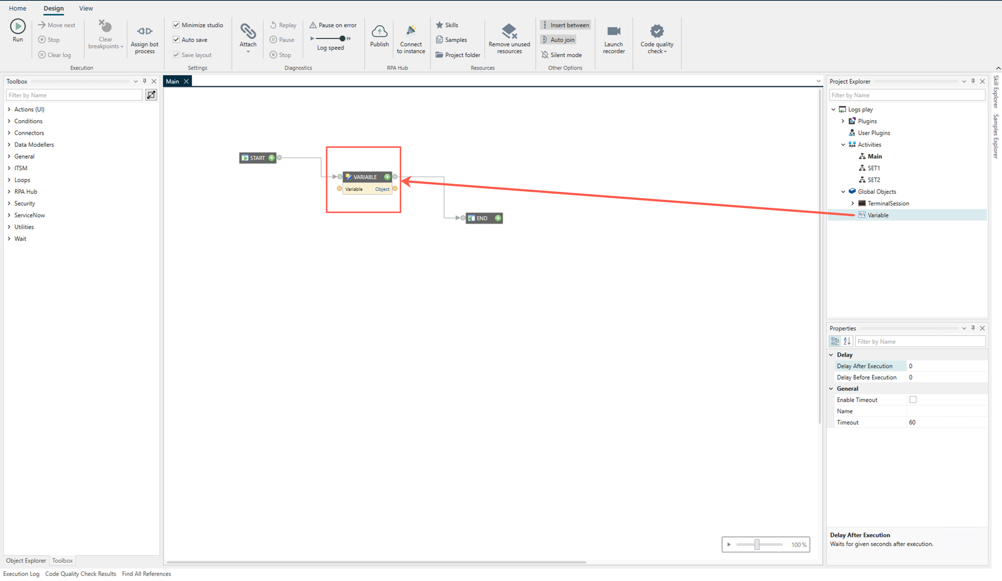 Variable is dragged to the Design surface.