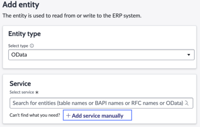 Add entity options with add service manually link highlighted.