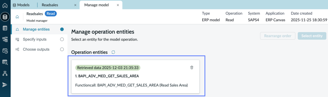 Manage model tab with entity card showing retrieval date and time.