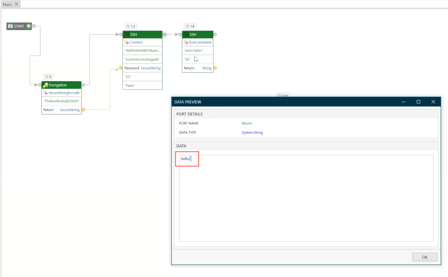 Data previews as hello, after the command is executed