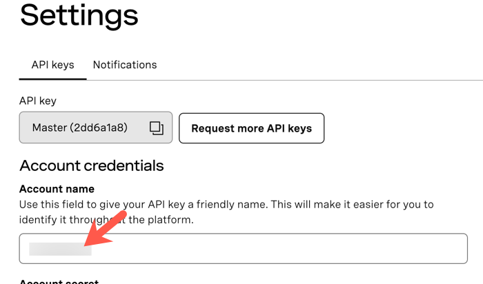 Account name field on Vonage instance.
