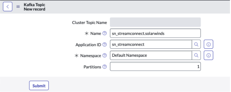 Stream Connect example screenshot that shows a Kafka topic named sn_streamconnect.solarwinds.