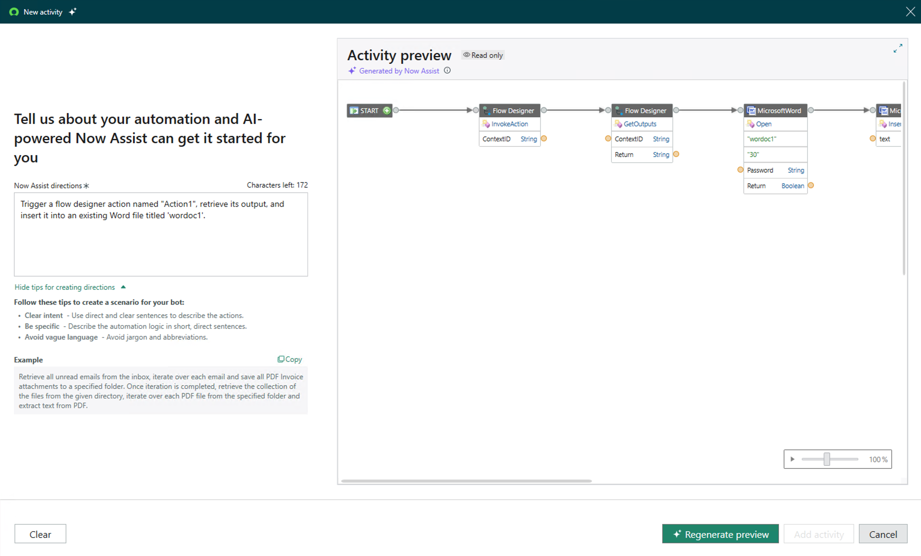 New activity window displays the options to regenerate a preview, clear a workflow, cancel an automation, or add an activity.