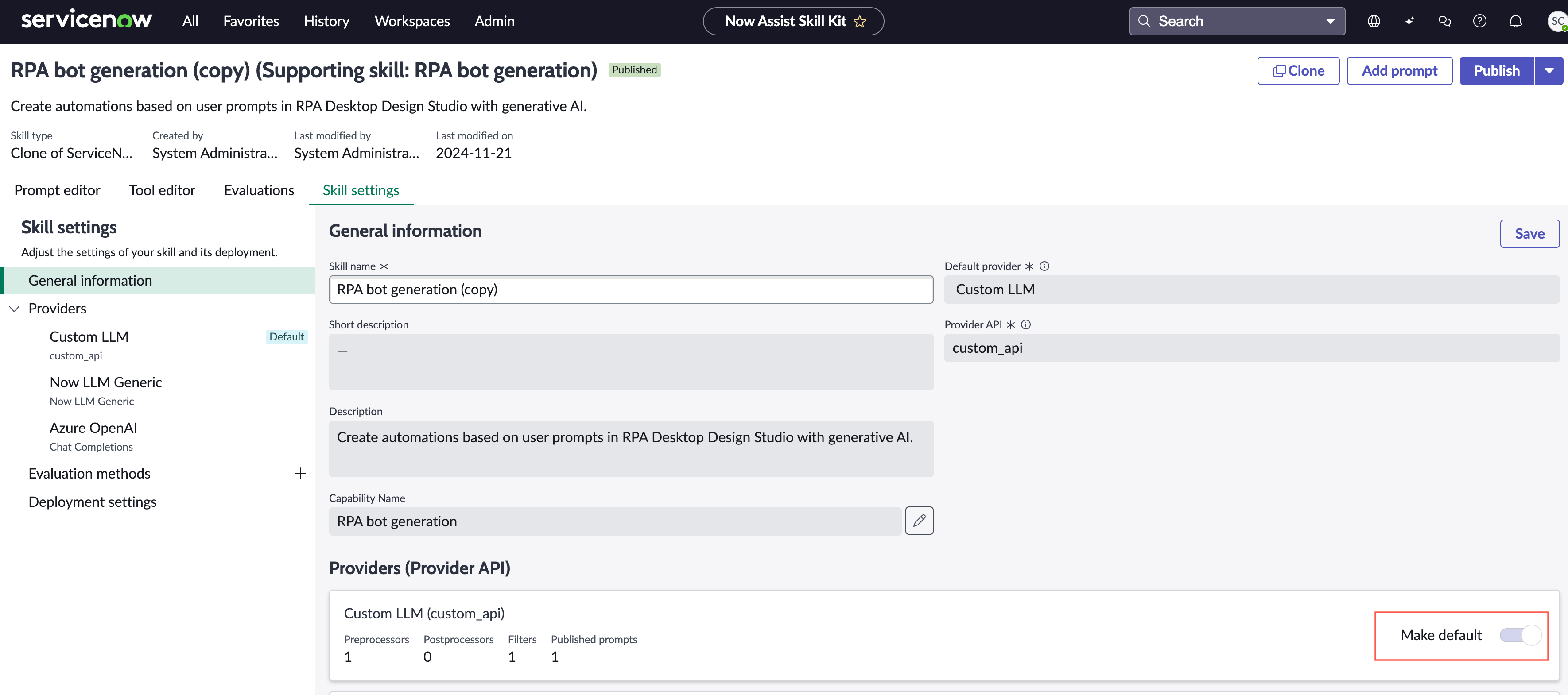Providers section that shows the Custom LLM provider and the Make default toggle is selected to make it the default provider.