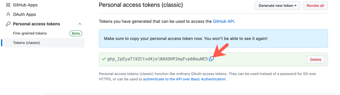 Personal access token copy button.