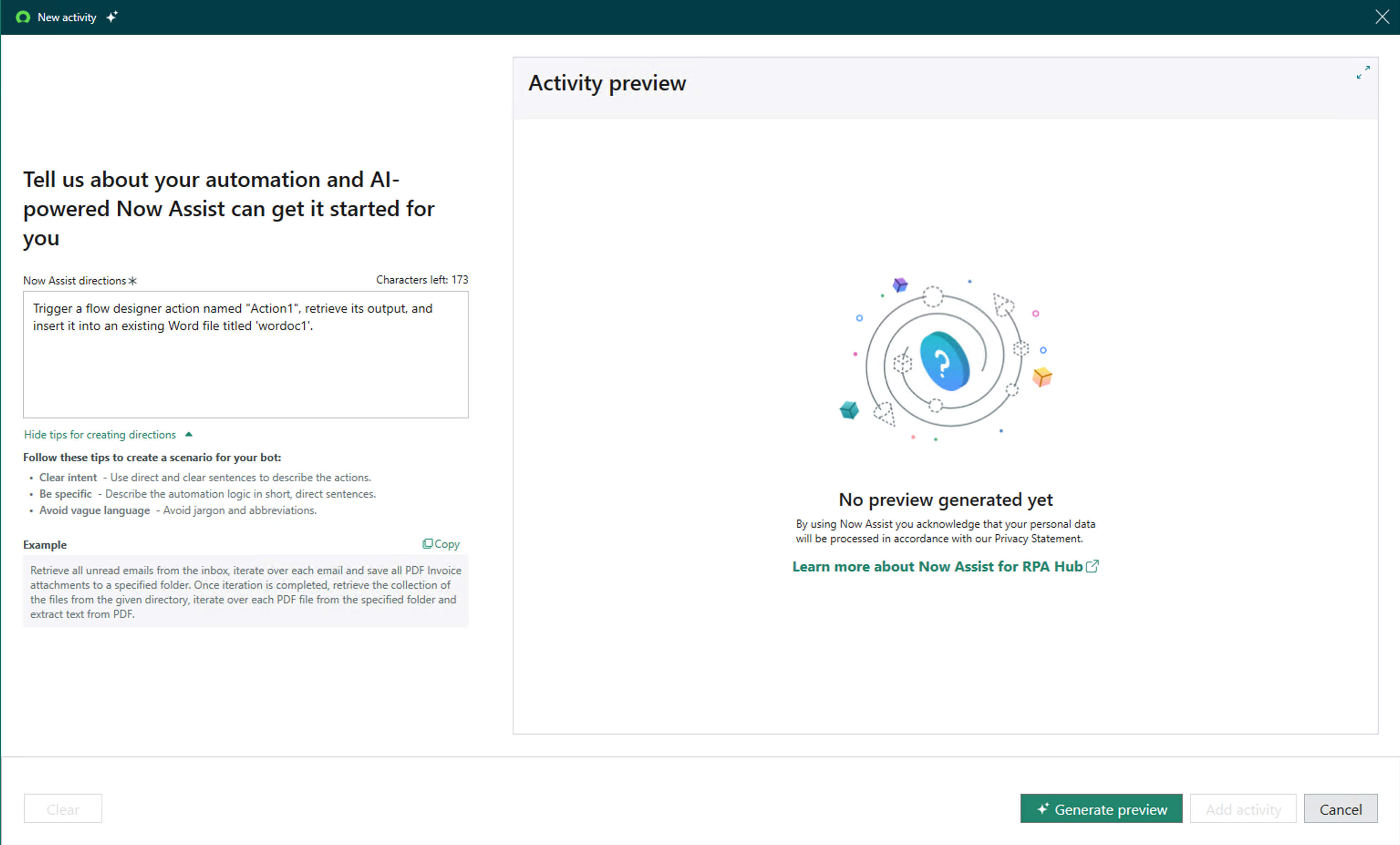 New activity window that shows the instructions that are used by Now Assist to generate an automation workflow.