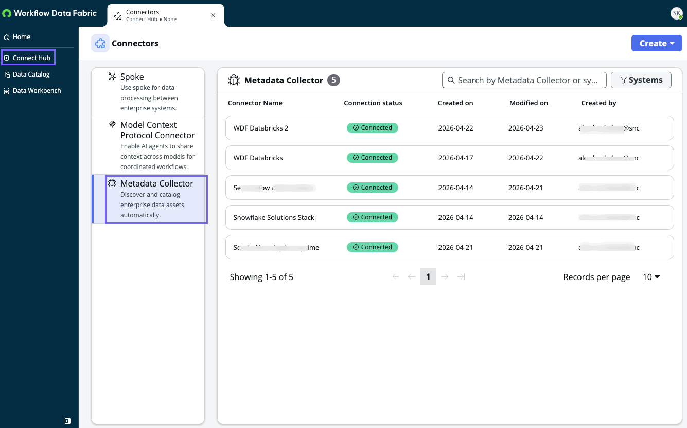 Connect-Hub in Workflow-DataFabric-Startseite, der eine Liste der konfigurierten Metadatensammler mit ihrem Verbindungsstatus anzeigt.