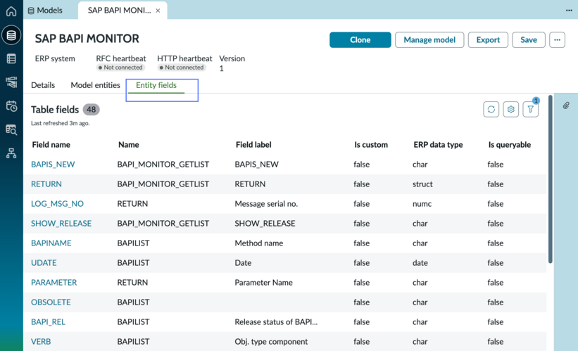 Table entity fields for an ERP model