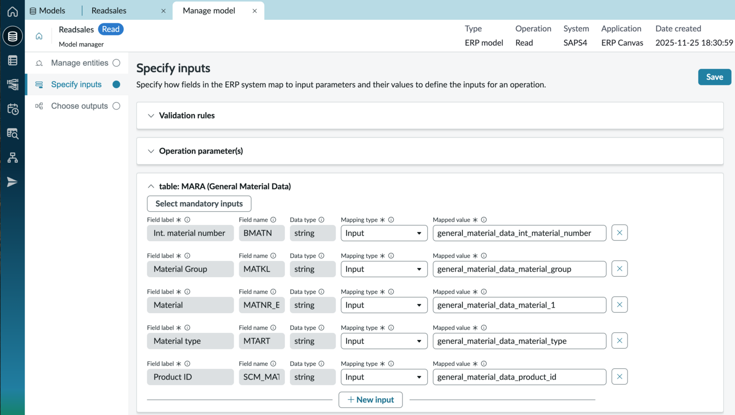 Specify inputs page with validation rules and table sections expanded.