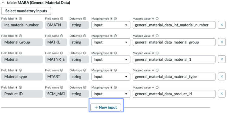 Table expanded to show inputs and new input button highlighted.