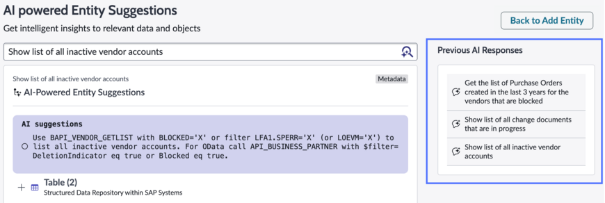 Entity suggestions with previous AI responses list highlighted.