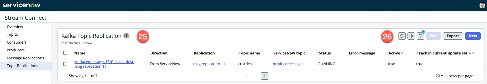 User interface for the Stream Connect dashboard Topic Replications page.