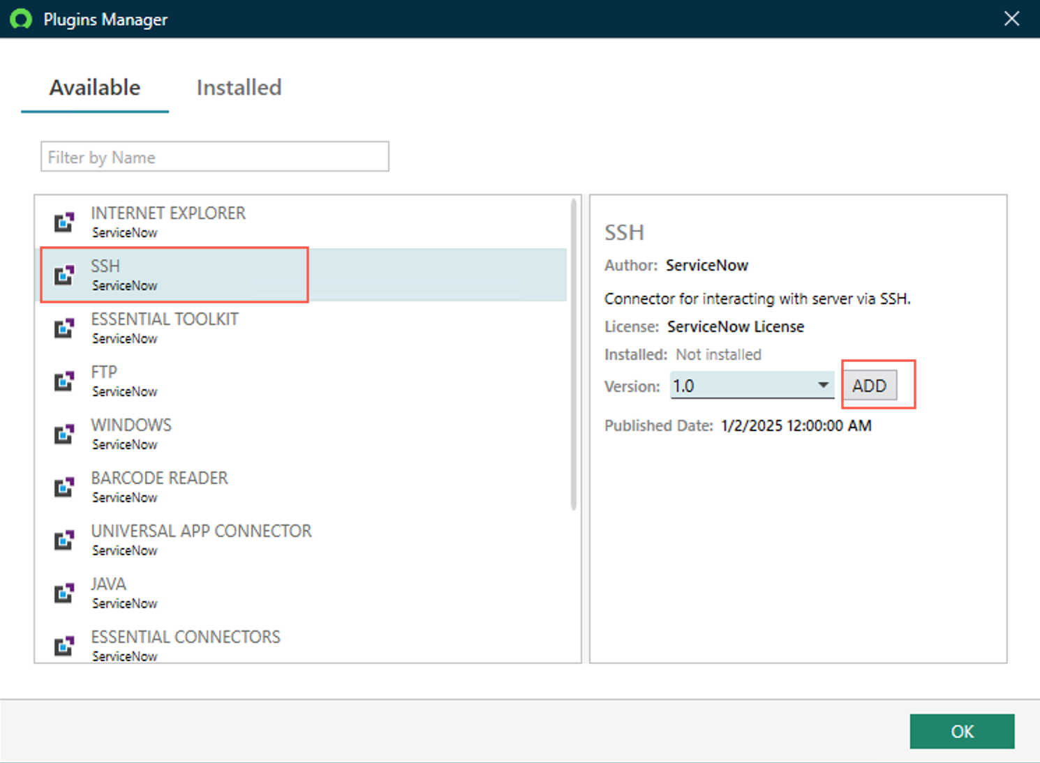 Add The SSH plugin in the Plugins Manager