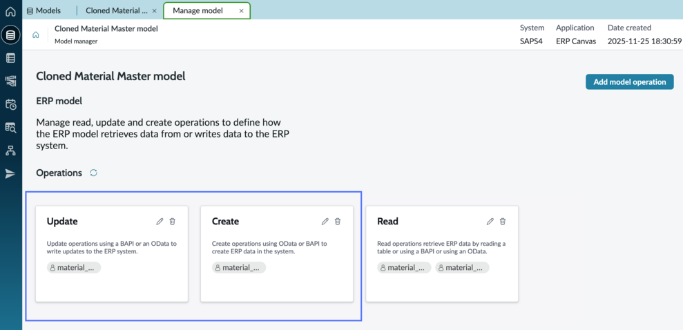 Manage model tab with create and update operation tiles highlighted.