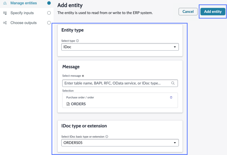 Add idoc entity details filled in and add entity button highlighted.